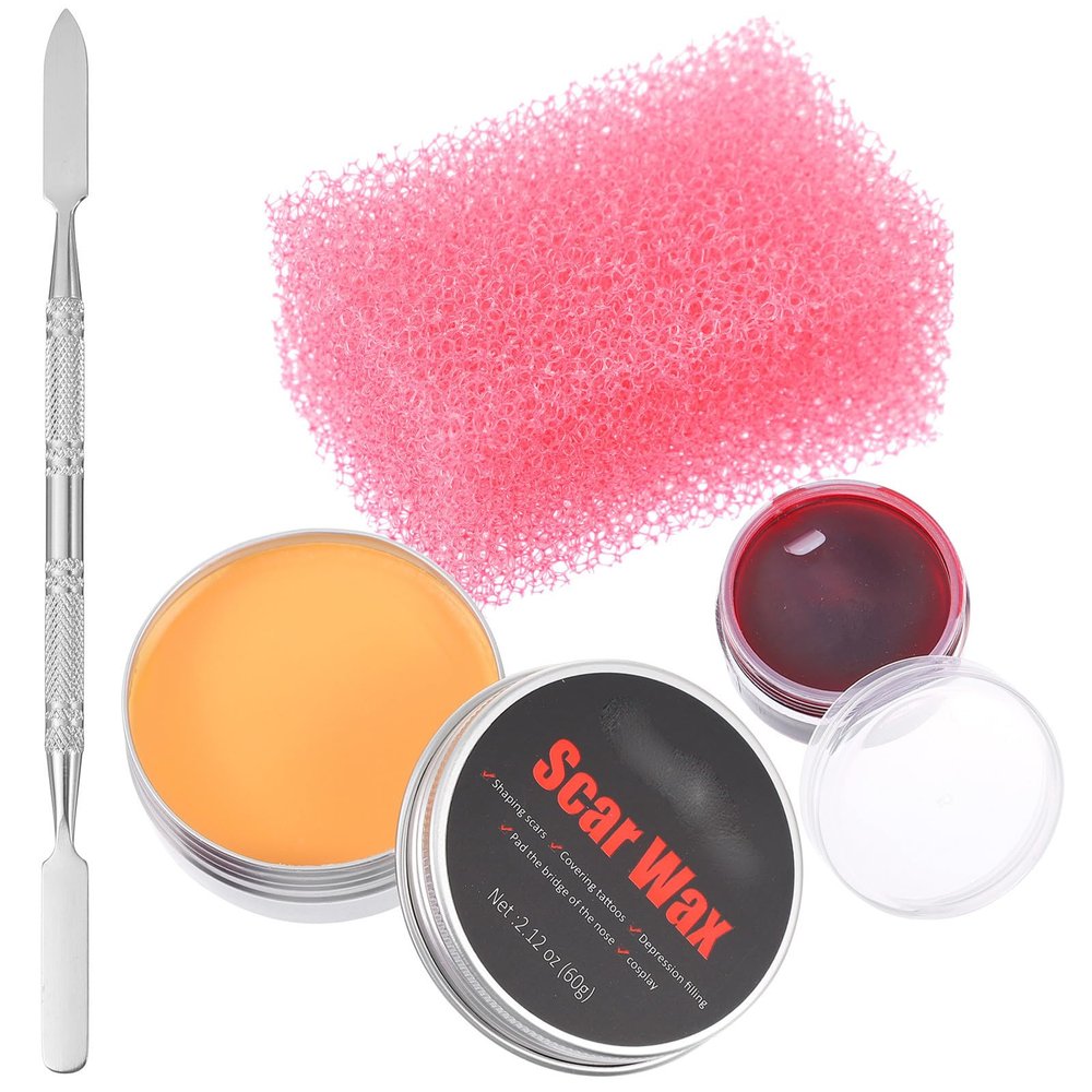 Uonlytech 4pcs Halloween Scar Wax Blood Kit with Fake Blood Gel and Spatula for Wound Modeling, Safe and Healthy Special Effects Makeup Tool Set for Halloween and Theme Party