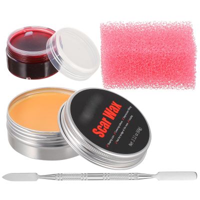 TOVINANNA 4pcs Halloween Wound Wax Blood Set Special Effect Scar Makeup Tools with Fake Blood Gel and Sponge for Stage Performance and Haunted House, 60g