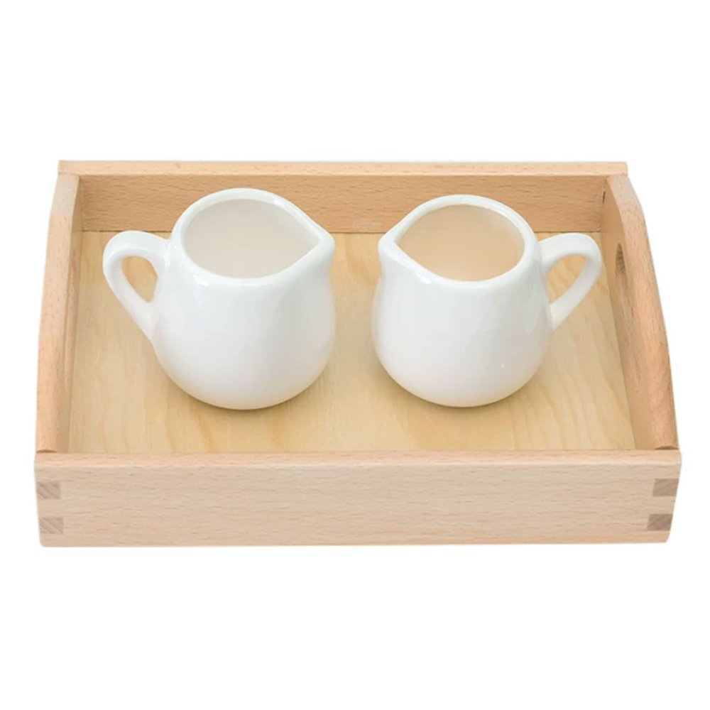 lstyty Montessori Basic Pouring Set, Small Ceramic Pitchers with Wooden Tray, Toddler Practical Life Activity Toy