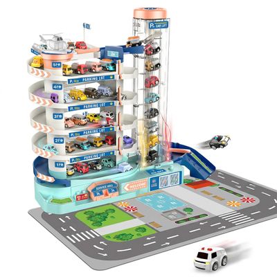 5-Story City Parking Garage Display Tower, Multi-Level Vehicle Storage Miniature Building Scene with Rotating Car Elevator, Urban Garage Including 6 Model Cars for Adults