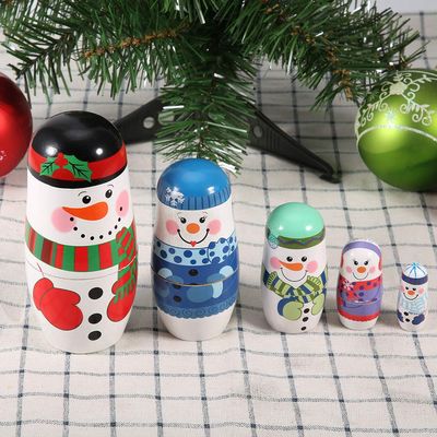 Aramox Christmas Nesting Dolls Set of 5 Handpainted Wooden Matryoshka Dolls with Santa Claus Snowman Designs for Home Decoration Kids Gift (Large Snowman)