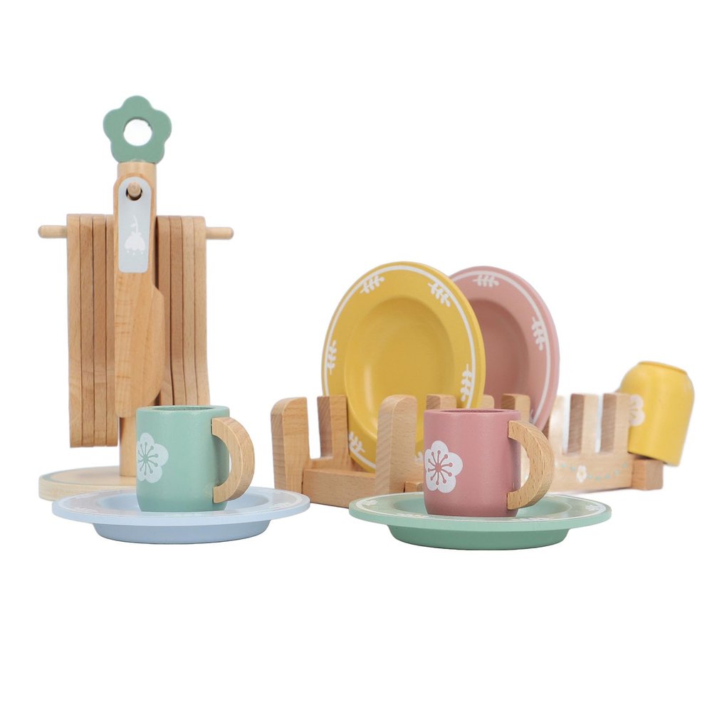Omquot Wooden Play Food Set for Fantasy Role Playing, Color Matching Plate and Cup, Ideal Gift for Toddler, 18-Piece Beech Wood Cookware Set