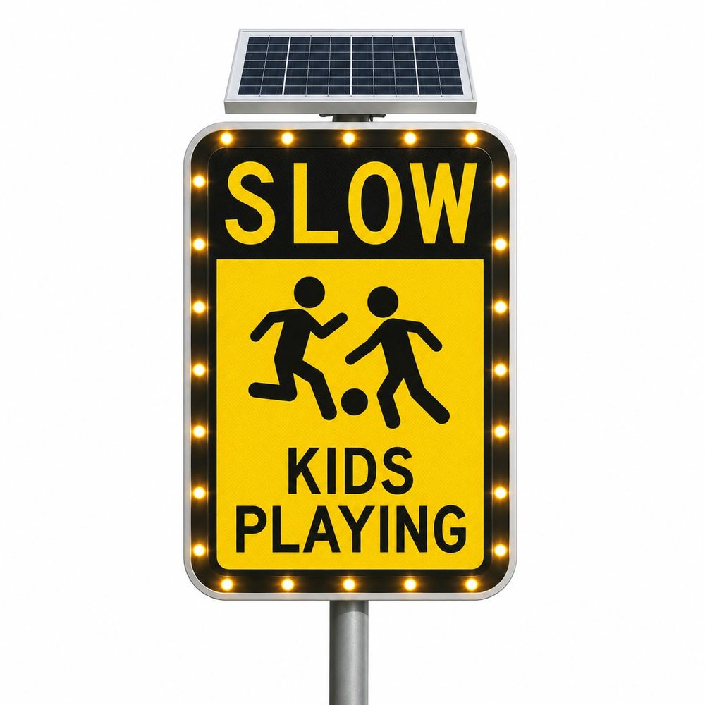 Solar Powered LED Traffic Safety Sign 18x24'' Customizable Version Solar Panel Powered with Perimeter LED Beads Bright Night Day Visibility Warning Sign for Private Roads Parking Driveways SlowSignB