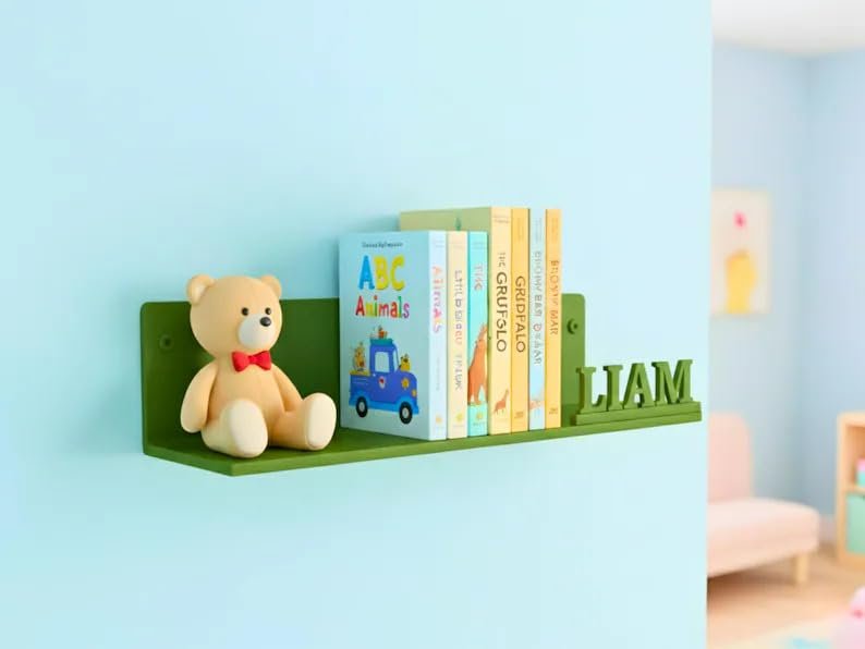 NBMFGD Custom Name Wall-Mounted Kids Shelf, Personalized Nursery Bookshelf, Boys Playroom Storage Shelf for Books & Stuffed Animals, Bedroom Decor with Custom Name Plaque