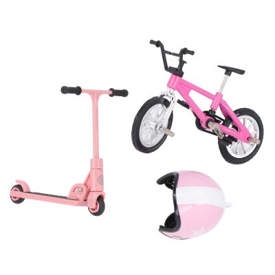 BSTiltion Miniature Bike Scooter Set with Helmet Realistic High Simulation Garden Decor Dollhouse Bike Scooter Helmet Set (Pink)