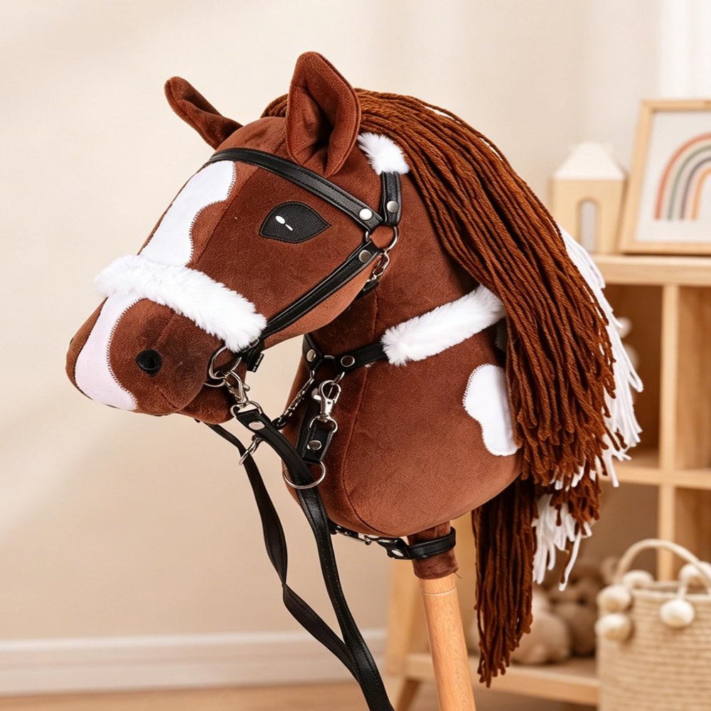 Jessruly Stick Horse Soft Plush Ride-On Toy with Beechwood Handle, Realistic Design for Active Play (Brown Spotted Pattern)