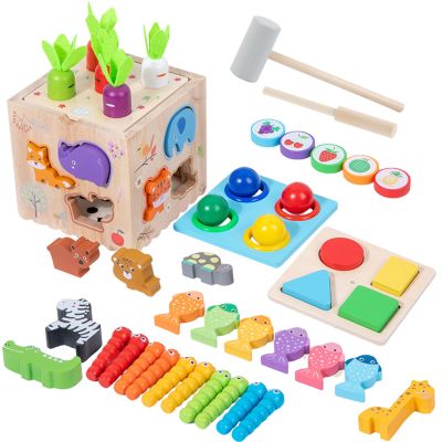 ZQsmgs Multifunctional Wooden Activity Cube Toy, Montessori Educational Playset with Hammering