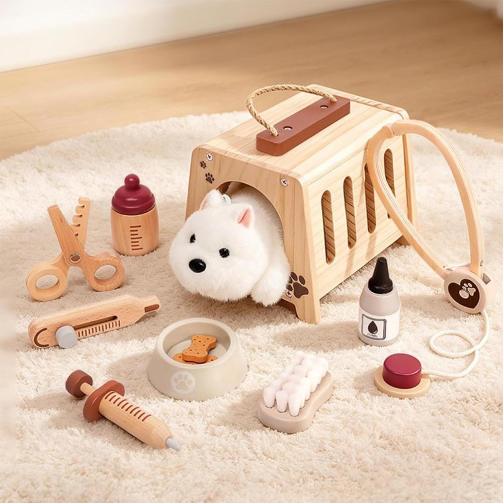 Jessruly Pretend Play Vet Kit Wooden & Plush Veterinary Set with Stethoscope, Syringe, Thermometer & Pet Carrier Imaginative Animal Care Playse