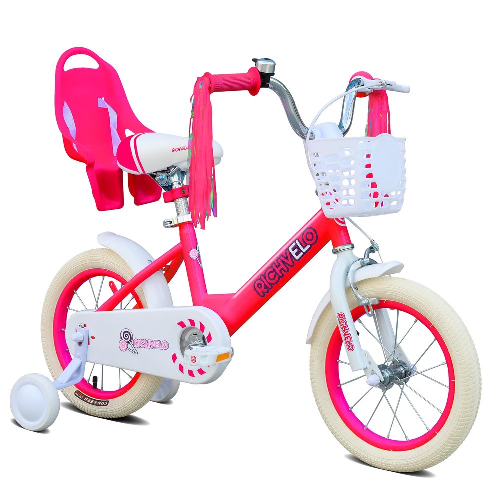 Clyrava Girls Bike with Training Wheels and Basket for 2-7 Years Old, 12 14 16 Inch Kids Bicycle with Adjustable Seat, Doll Seat & Colorful Streamers, Red Kids' Bikes for Birthday Gift (Red, 12")