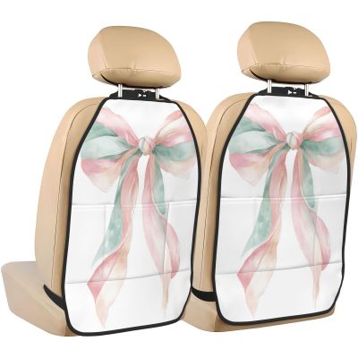 XBubupX Watercolor Pink Peach Mint Cream Striped Bow Car Seat Back Kick Protectors,2 Pack Kick Mats with Storage Pockets for Vehicles to Protect from Dirt Mud Scratches