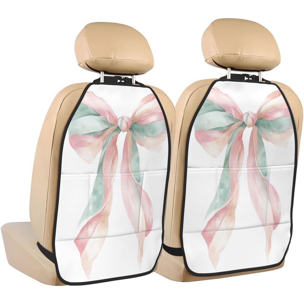 XBubupX Watercolor Pink Peach Mint Cream Striped Bow Car Seat Back Kick Protectors,2 Pack Kick Mats with Storage Pockets for Vehicles to Protect from Dirt Mud Scratches