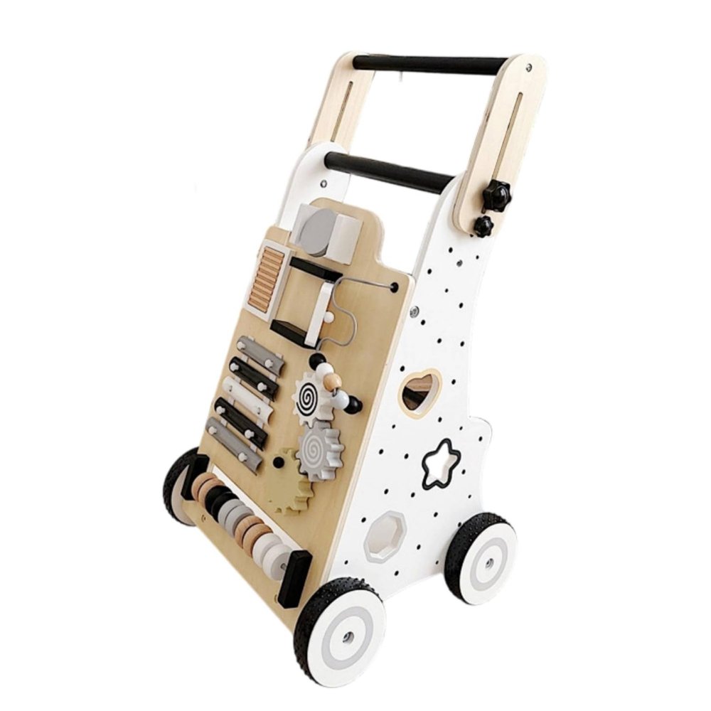 Gralara Wooden Infant Push Cart Slid Elements Wooden Shape Cutouts Infant Activity Cart for Infants