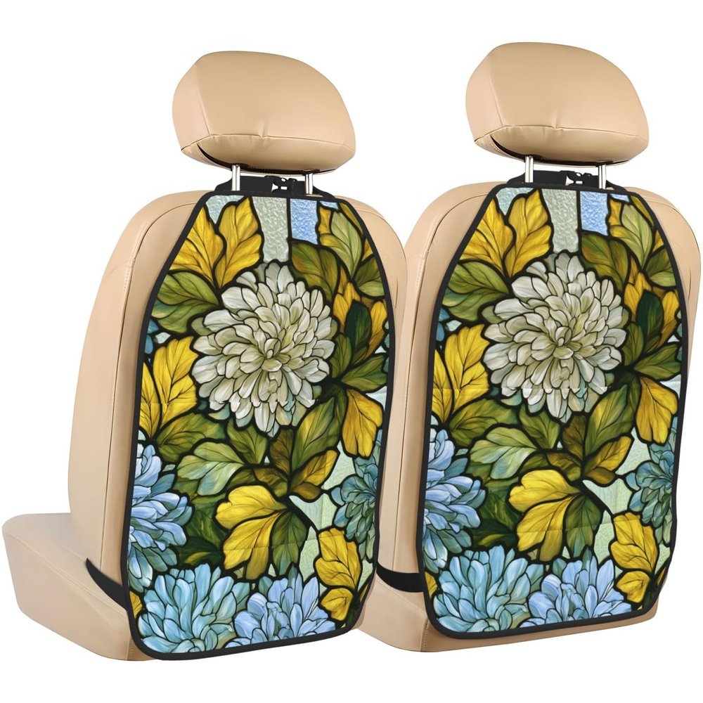 XBubupX White Pale Blue Chrysanthemum Flower Pattern Car Seat Back Kick Protectors,2 Pack Kick Mats with Storage Pockets for Vehicles to Protect from Dirt Mud Scratches
