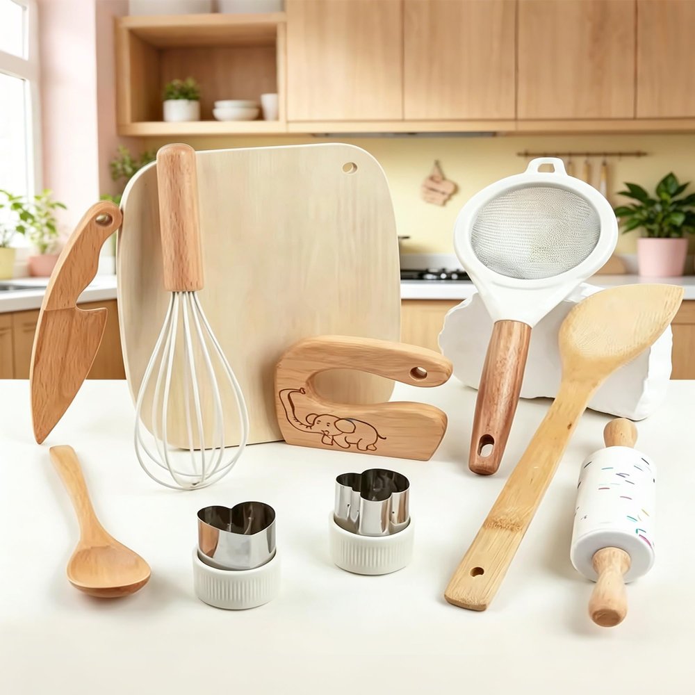 Jessruly Safe Wood and Pastry Knife Set 10 Pieces Montessori Cooking Tools for Real Kitchen, Natural Wood Kitchen Set