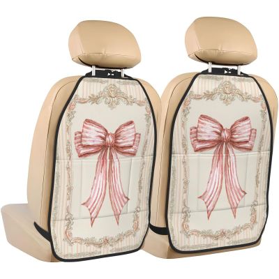 XBubupX Watercolor Pink Bow On Striped Cream Car Seat Back Kick Protectors,2 Pack Kick Mats with Storage Pockets for Vehicles to Protect from Dirt Mud Scratches