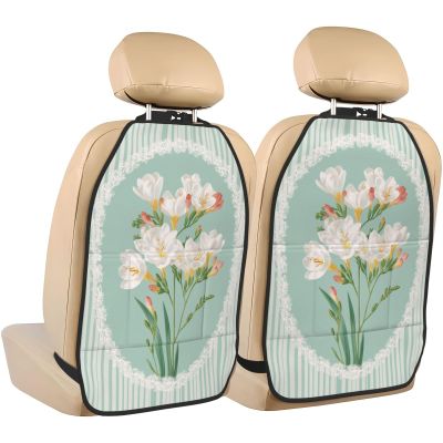 XBubupX Pastel Mint and White Striped Flowers Car Seat Back Kick Protectors,2 Pack Kick Mats with Storage Pockets for Vehicles to Protect from Dirt Mud Scratches