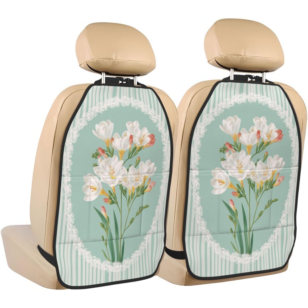 XBubupX Pastel Mint and White Striped Flowers Car Seat Back Kick Protectors,2 Pack Kick Mats with Storage Pockets for Vehicles to Protect from Dirt Mud Scratches