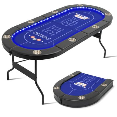 BEHOO 71" LED Poker Table, 8 Player Folding Texas Holdem Table with Padded Rails & Cup Holders, Casino Poker Table with Built-in LED Lights, Oval Portable Blackjack Tables Leisure (Blue)