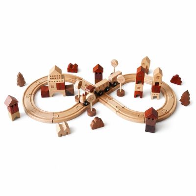 FytStycale Wooden Rail-Building Toy Interlocking Tracks Looped Railway Set Pretend Town Wooden Railway Station