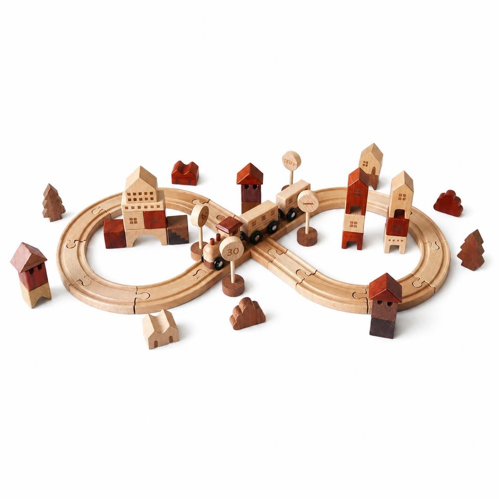 FytStycale Wooden Rail-Building Toy Interlocking Tracks Looped Railway Set Pretend Town Wooden Railway Station