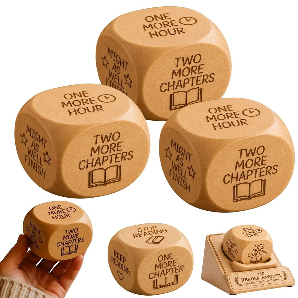 Wooden Reading Decision Dice Book Lover Gifts One More Chapter Keep Going Fun Bookish Desk Decor Natural Wood Cube Accessory Novel Reader Club Stocking Stuffer Teacher Librarian(3Pcs)