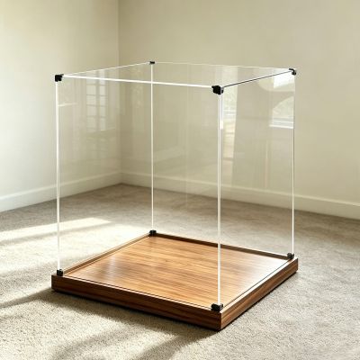 32 30 28 26 24in Cube Acrylic Box for Display, Extra Large Square Figures Organizing Case, Figurines Curio Diorama Showcase Woodgrain Base(30x30xH30cm/12x12x12in)