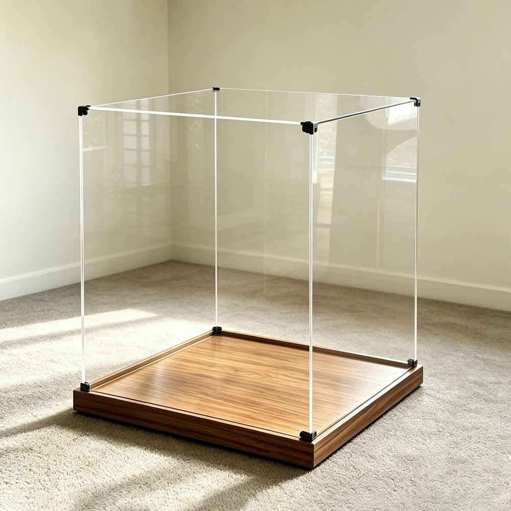 32 30 28 26 24in Cube Acrylic Box for Display, Extra Large Square Figures Organizing Case, Figurines Curio Diorama Showcase Woodgrain Base(30x30xH30cm/12x12x12in)