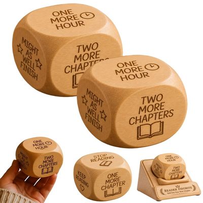 Wooden Reading Decision Dice Book Lover Gifts One More Chapter Keep Going Fun Bookish Desk Decor Natural Wood Cube Accessory Novel Reader Club Stocking Stuffer Teacher Librarian(2Pcs)