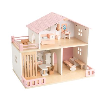 Gralara Wooden Dollhouse Rosy Rooftop Pretend Play House Miniature Furniture Children's Play Home