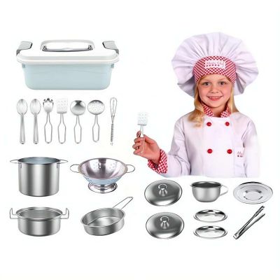 18Pcs Stainless Steel Pots & Pans Playset,Premium Mini Play Kitchen Accessories & Cooking Utensils with Storage Box,Easy Storage & Portability