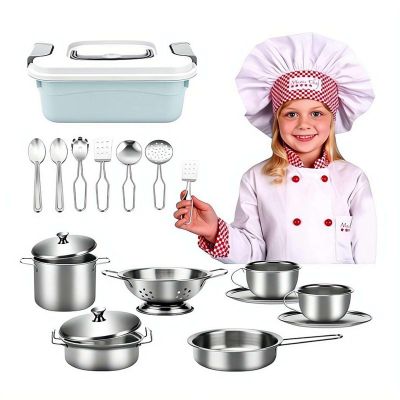 16Pcs Stainless Steel Pots & Pans Playset,Premium Mini Play Kitchen Accessories & Cooking Utensils with Storage Box,Easy Storage & Portability