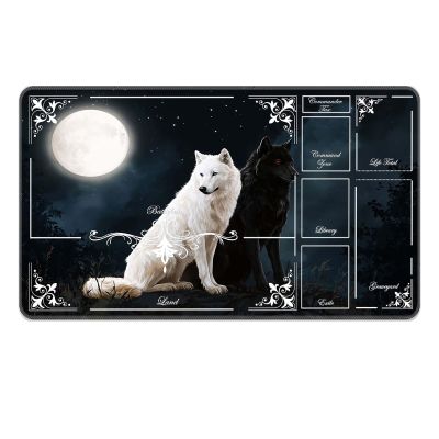 MUOHEGNT Premium Stitched MTG Playmat with Zones and Non-Slip Rubber Backing - TCG Play Mat for MTG and Other Card Games,Wolves Under Full Moon