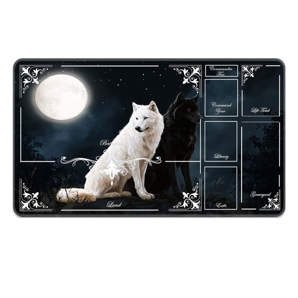 MUOHEGNT Premium Stitched MTG Playmat with Zones and Non-Slip Rubber Backing - TCG Play Mat for MTG and Other Card Games,Wolves Under Full Moon