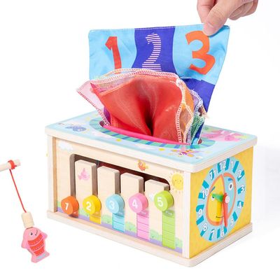 ZQsmgs Multifunctional Wooden Tissue Box Toy, 6-in-1 Montessori Sensory Activity Cube