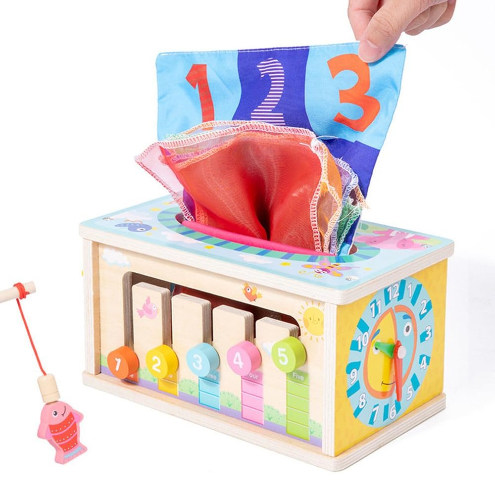 ZQsmgs Multifunctional Wooden Tissue Box Toy, 6-in-1 Montessori Sensory Activity Cube