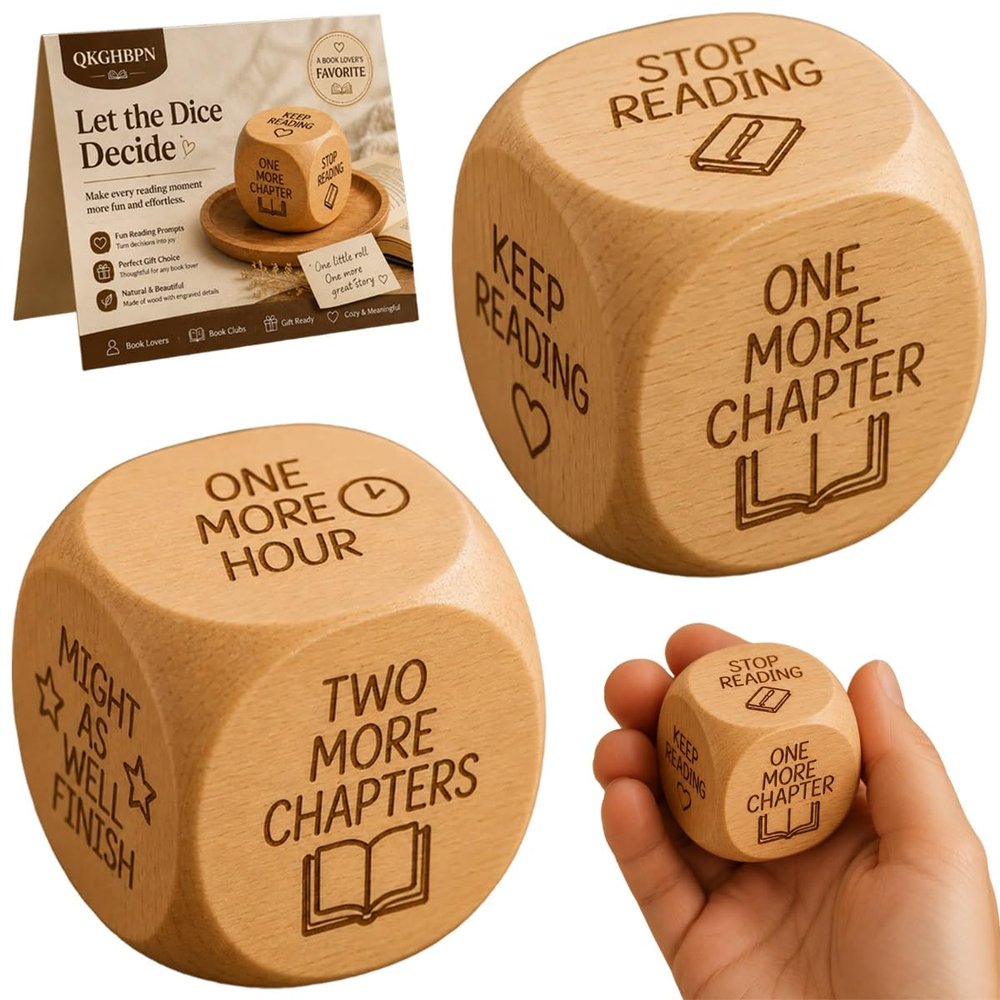 QKGHBPN Wooden Reading Decision Dice Natural Wood Dice with Engraved Book Lover Quotes Book Club Games Funny Bookish Gifts for Women Men Readers Teachers Librarians Writers Bookshelf Desk Decor(2pcs)