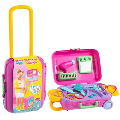 Fun Express 9 1/2" x 14 1/2" Candy & Ken Rolling Luggage Plastic Beauty Salon Play Set - 13 Pc.