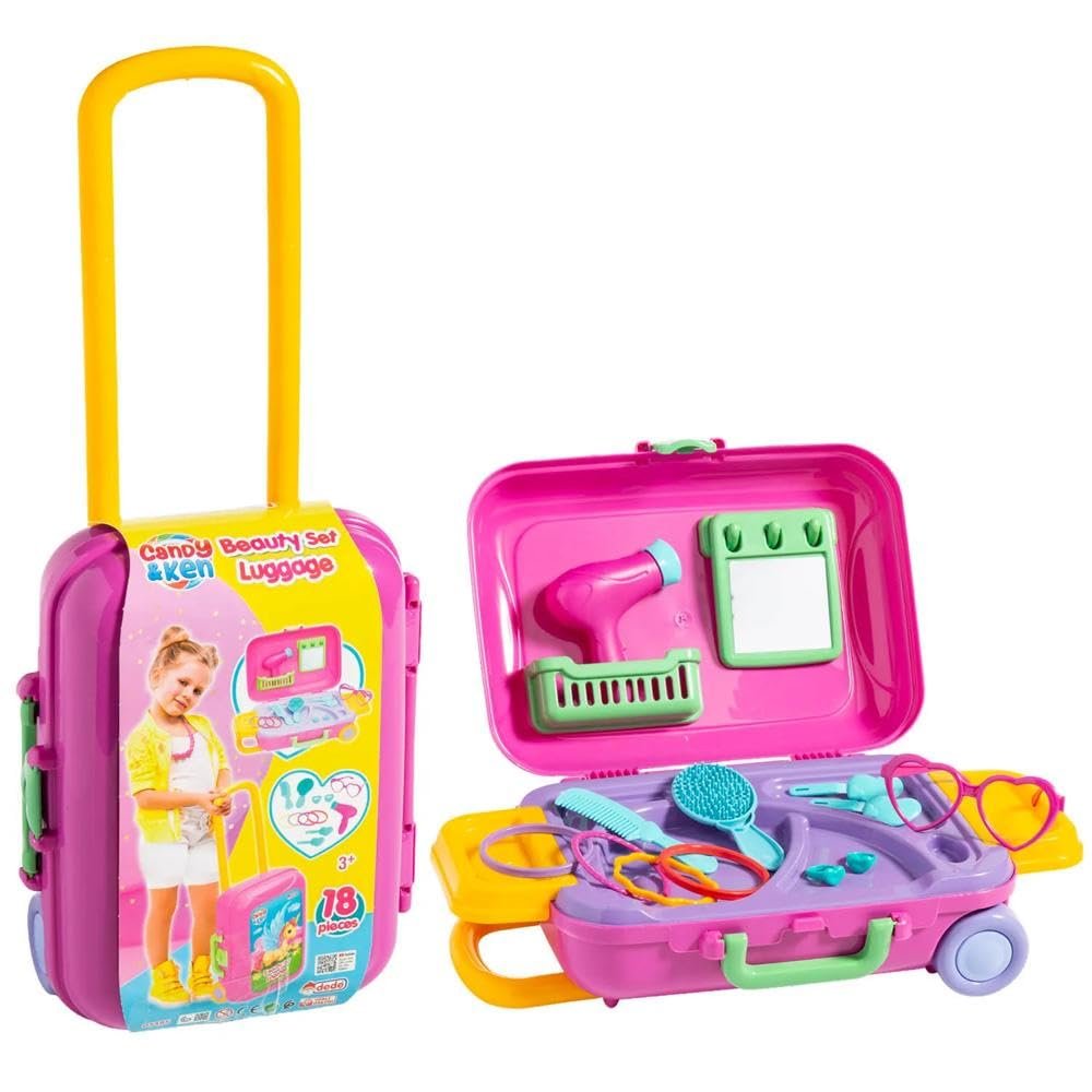 Fun Express 9 1/2" x 14 1/2" Candy & Ken Rolling Luggage Plastic Beauty Salon Play Set - 13 Pc.