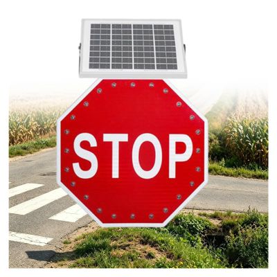 Kiboom Solar LED Flashing Stop Sign, Aluminum Octagon Reflective Traffic Warning Sign,IP65 Waterproof, 500 M Night Visibility, Engineer Grade Reflective Film, for School & Driveway(30in)