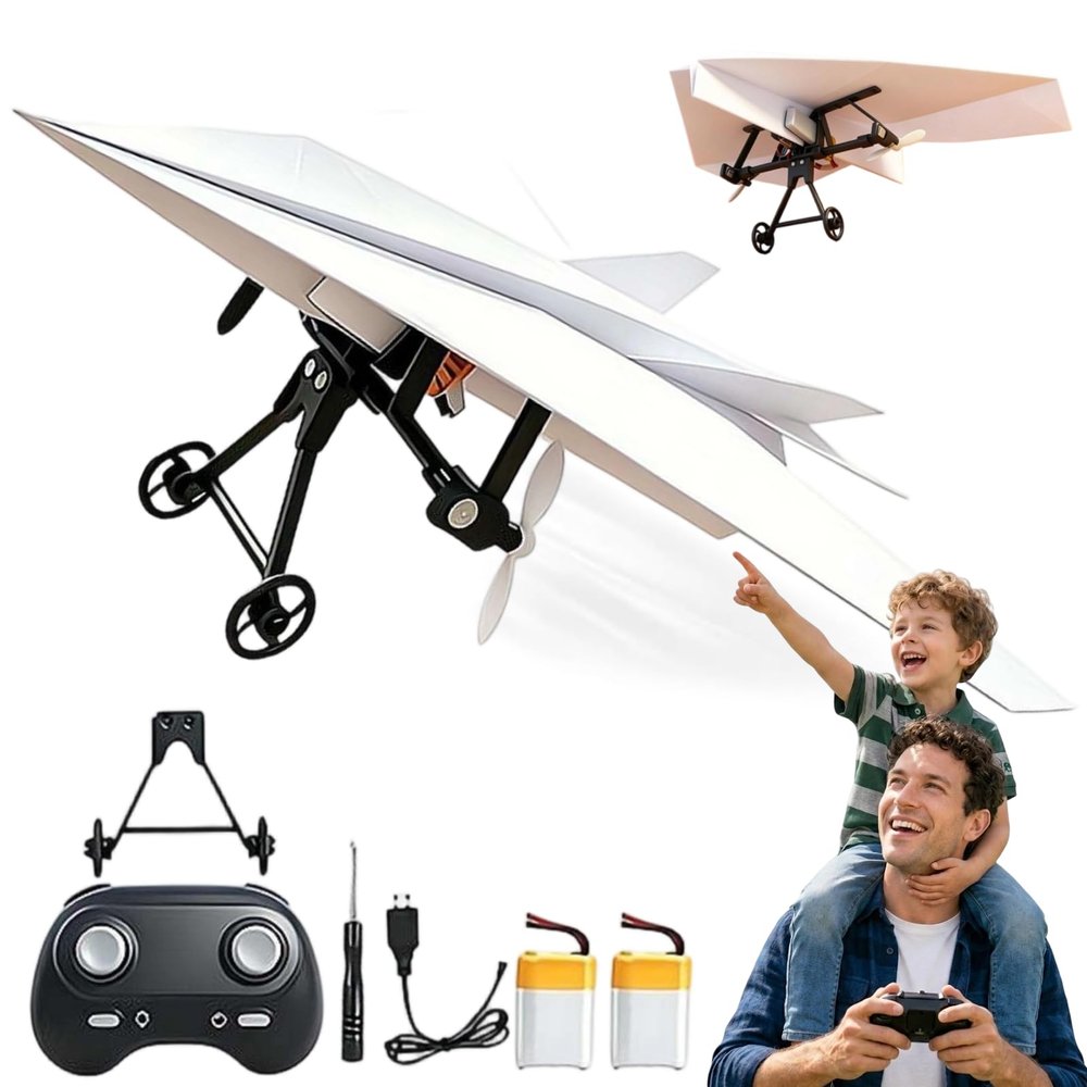 RC Paper Airplane Kit with Gyro Stabilizer,DIY Electric Remote Control RC Plane with Dual Propellers,Paper Airplane Motor Kit,Foldable Flying Planes Micro Fixed Wing Drone Support Mirrorless Camera