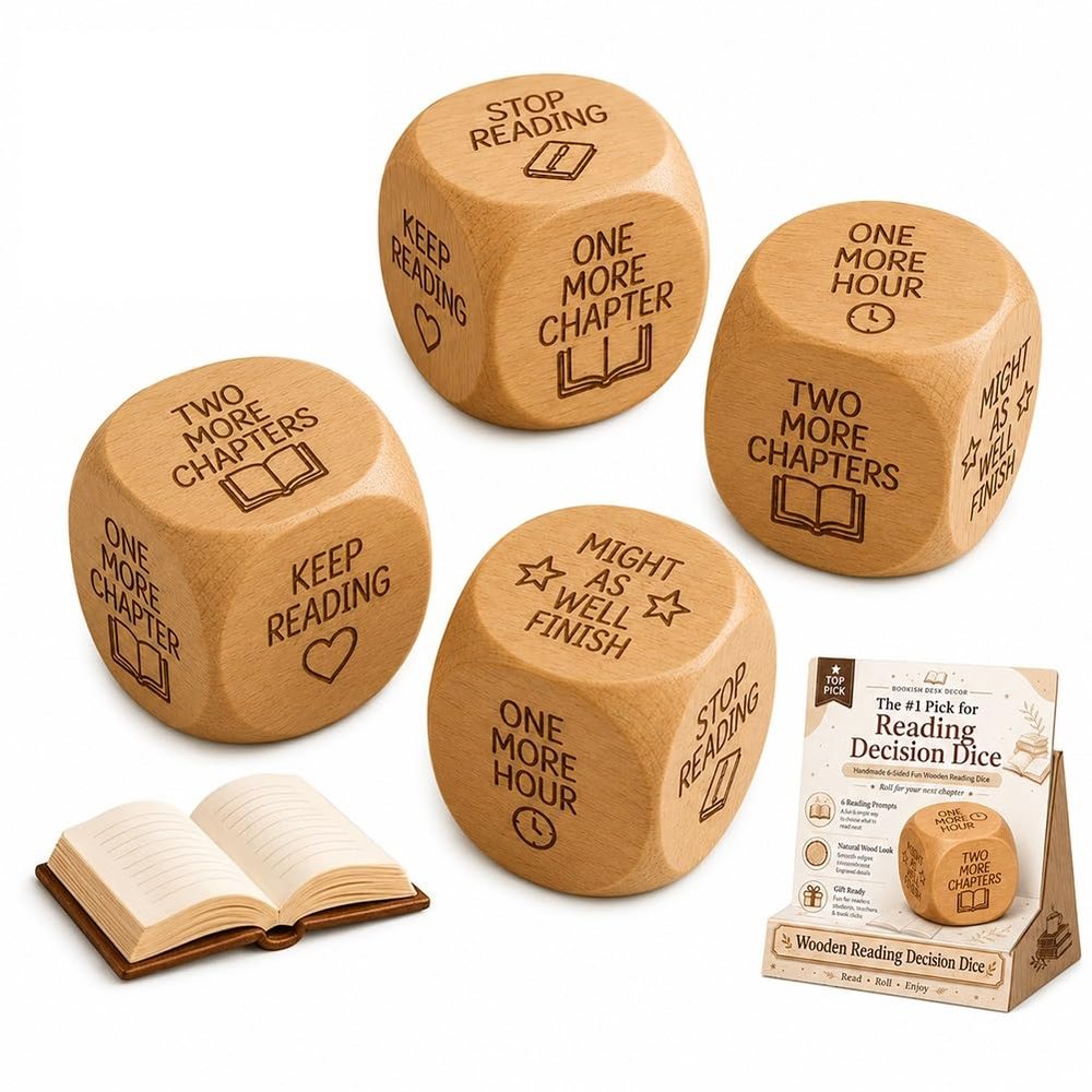 AIANR Wooden Reading Decision Dice, Handmade 6-Sided Fun Wood Dice with Engraved Book Lovers, Bookish Desk Decor Classroom, Funny Bookish Gifts for Women Men Readers Teachers Librarians(4pcs)