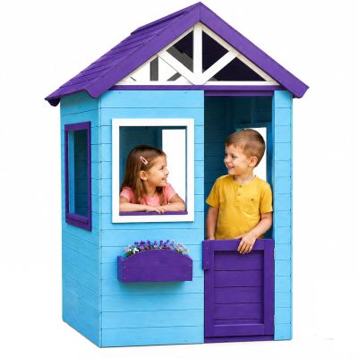 ZCCREATTIVE Wooden Playhouses for Kids Ages 3-8, Blue and Purple Outdoor Cottage with Windows, Door, and Planter Box, 54.3in Tall