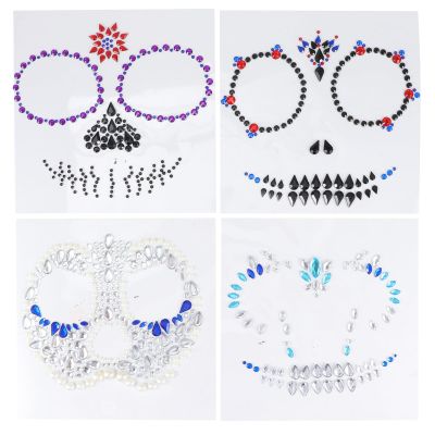 Mobestech 4pcs Halloween Facial Stickers Acrylic Face Gems False Tattoos Body Decal for Day of The Dead