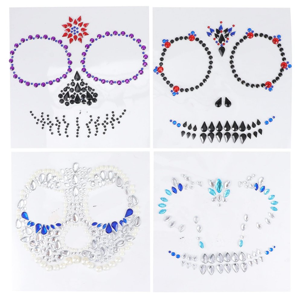 Mobestech 4pcs Halloween Facial Stickers Acrylic Face Gems False Tattoos Body Decal for Day of The Dead