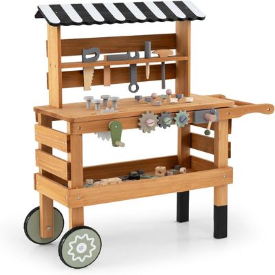Kids Wooden Tool Bench - 2-in-1 Rolling Cart with Play Tools, Canopy & Wheels - Toddler Construction Role Play Set for Boys & Girls Ages 3+