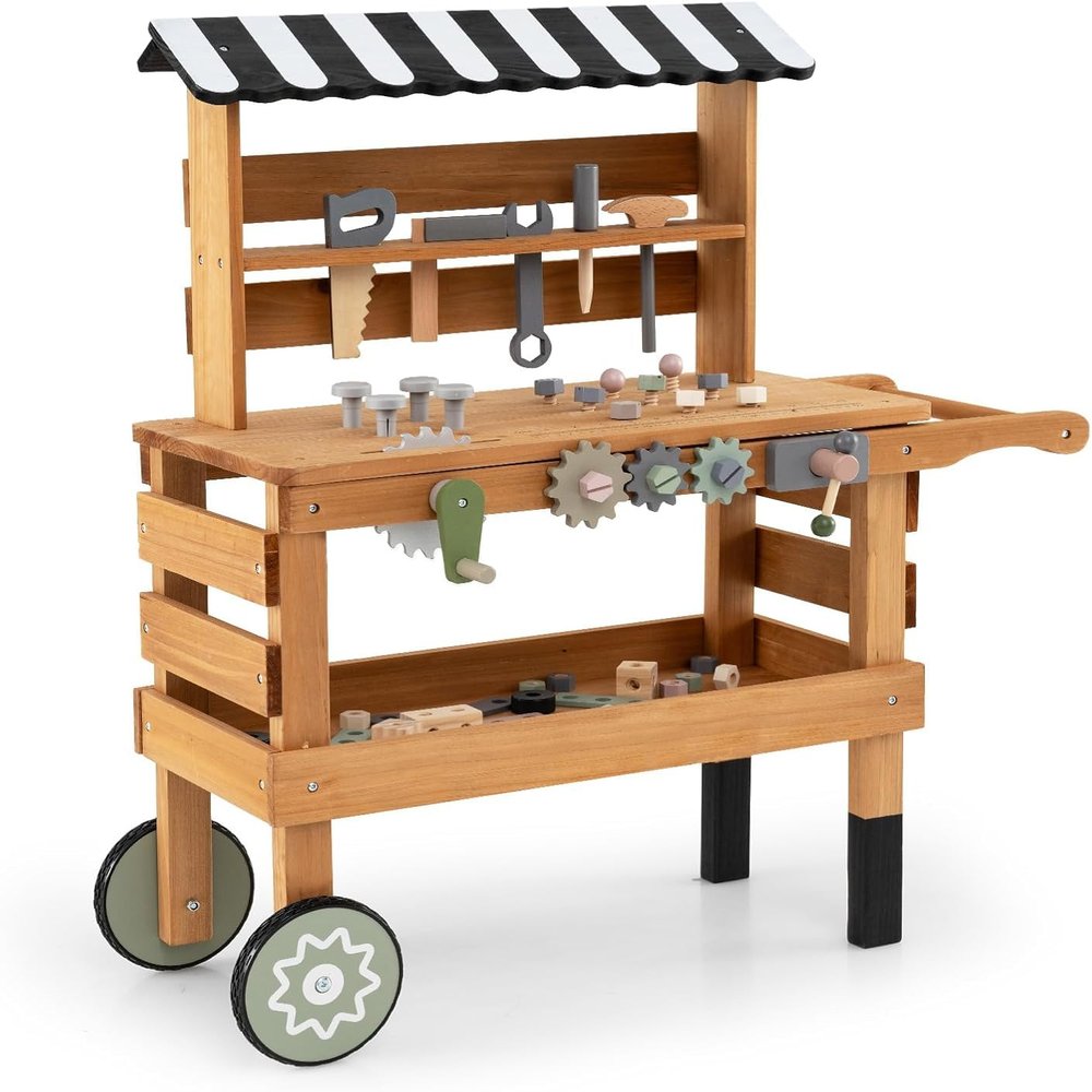 Kids Wooden Tool Bench - 2-in-1 Rolling Cart with Play Tools, Canopy & Wheels - Toddler Construction Role Play Set for Boys & Girls Ages 3+
