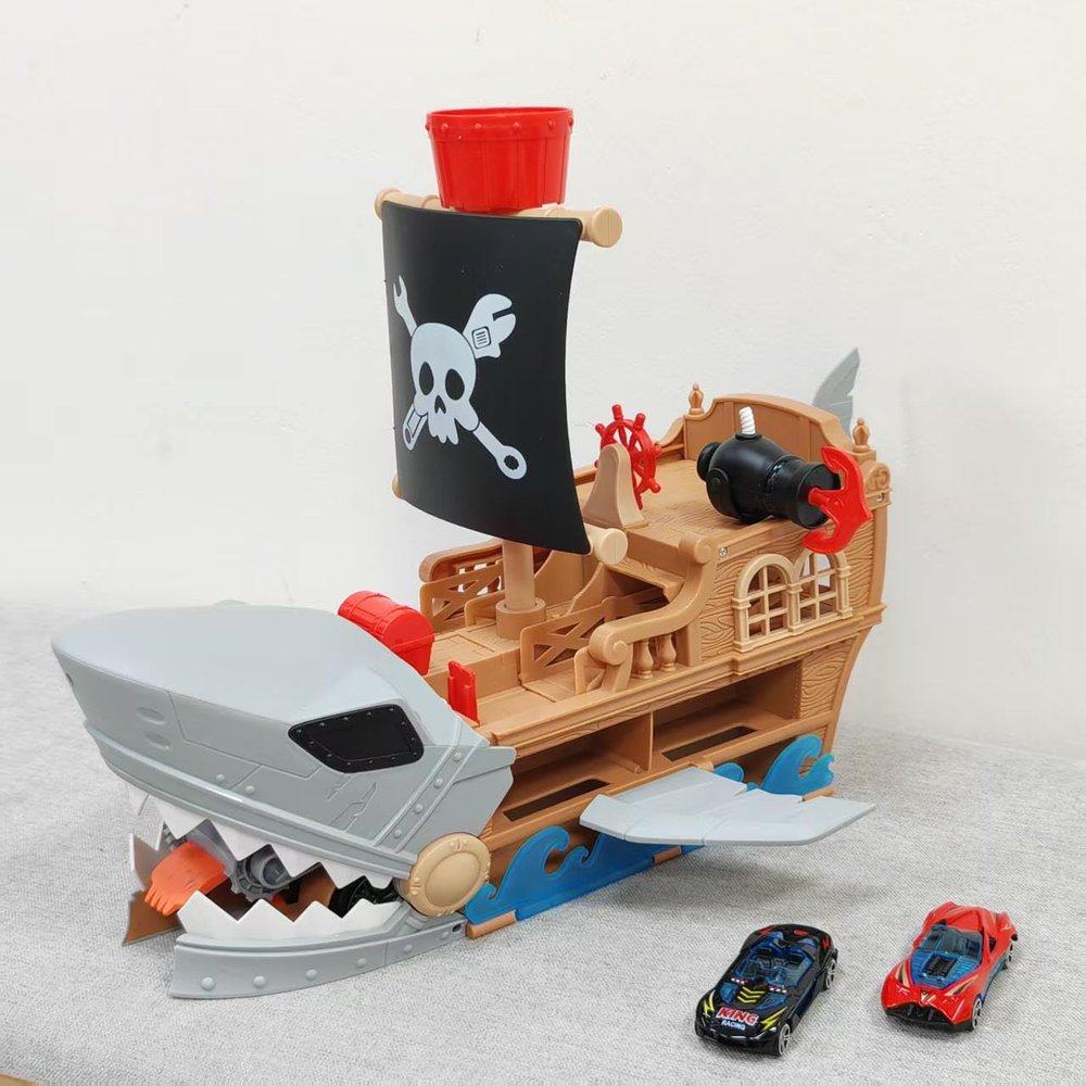 HAOAONANSHAN Pirate Ship Toy Car Playset for Kids, Shark Pirate Boat Vehicle Set with 2 Mini Cars, Adventure Toy Gift for Boys and Girls Ages 3+ (Grey)