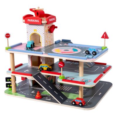Wmqbjta Children Parking Game Wooden Multi Level Parking Garage Toy Set Manual Elevator Adventure Ramps Realistic Driving Suitable for Preschool Learning Center, M-Parking Center