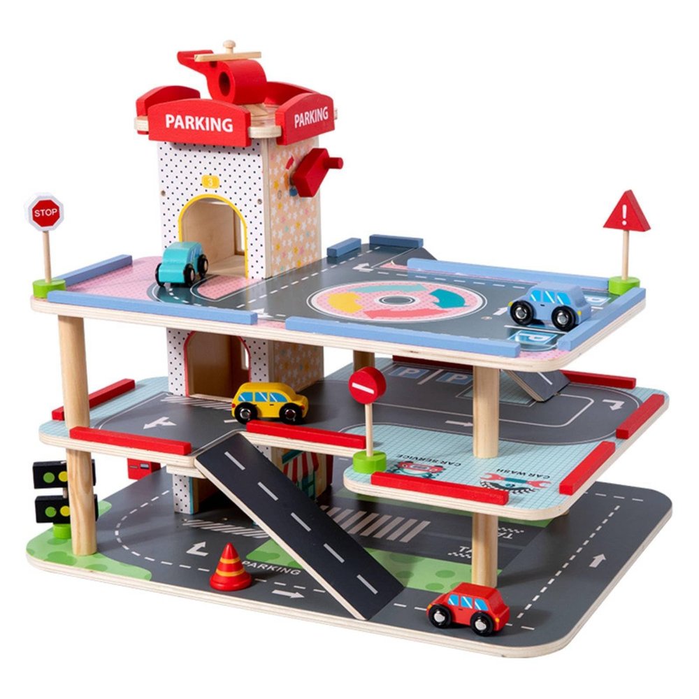 Wmqbjta Children Parking Game Wooden Multi Level Parking Garage Toy Set Manual Elevator Adventure Ramps Realistic Driving Suitable for Preschool Learning Center, M-Parking Center