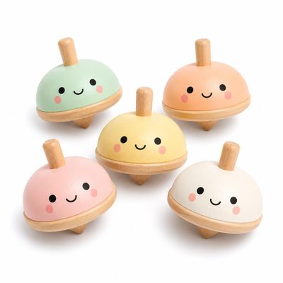 Juju Wooden Spinning Tops Set of 5 Pastel Turned Wood Tops with Kawaii Faces in Mint Peach Butter Pink and Cream Smooth Wood Points Whimsical Shelf Decor and Gift Set